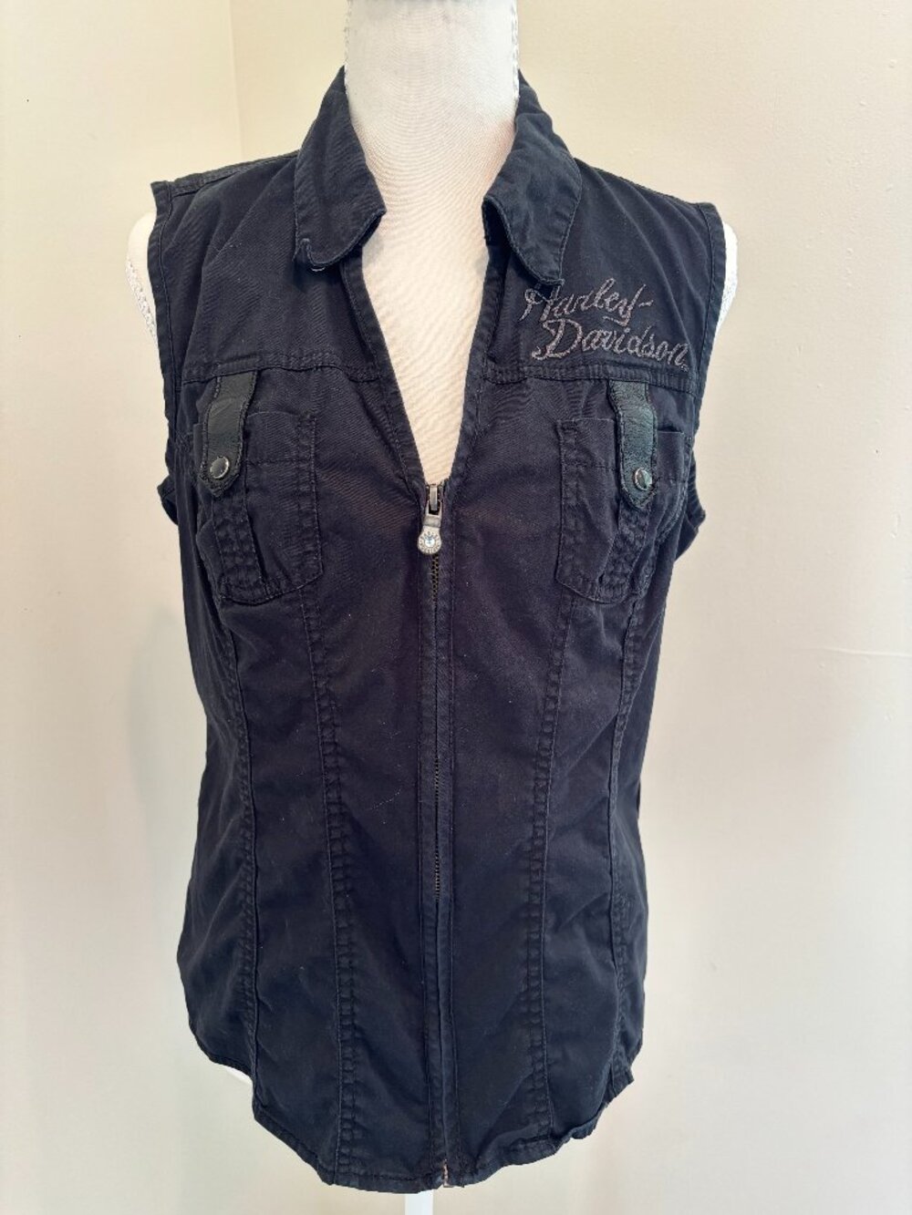 Harley Davidson Brand Biker Black Zip Up Vest Size Large